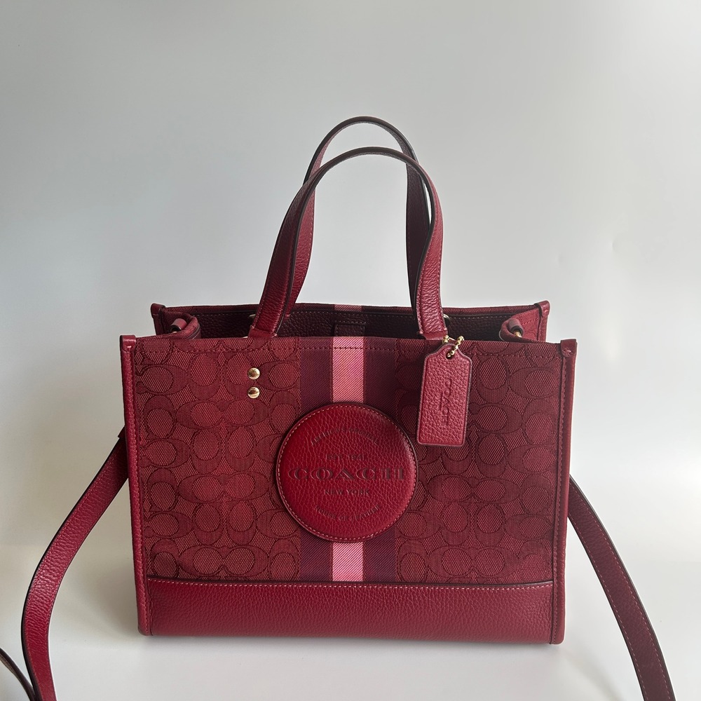 Coach Dempsey Tote 22 Red Signature Jacquard Varsity Stripe Crossbody Bag C8417